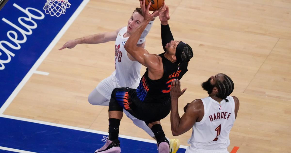 New York Knicks take commanding 2-0 lead against Cavaliers, fueled by Josh Hart's playoff best.