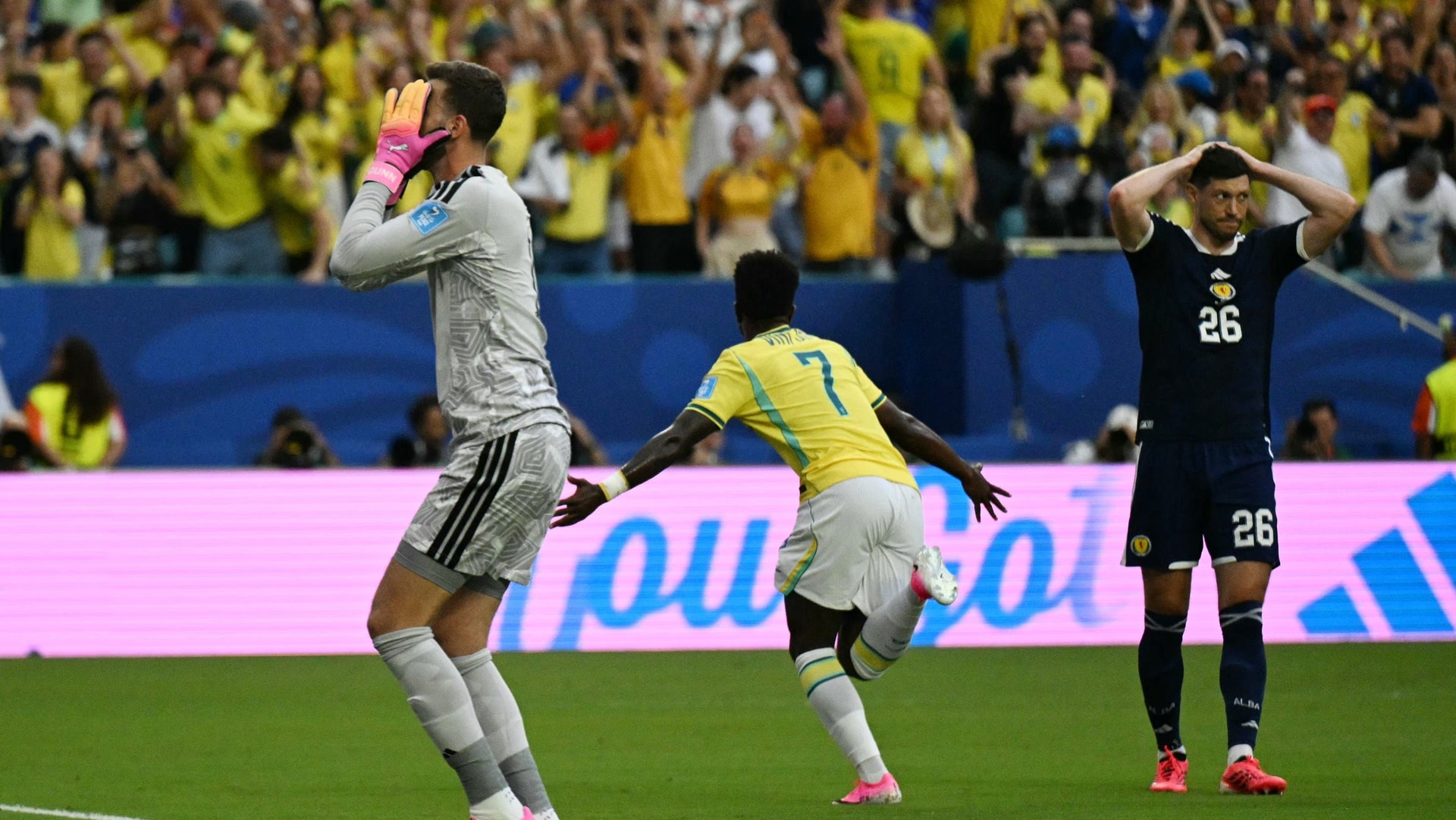 Brazil defeats Scotland 3-0 in Miami, securing top spot in Group C.