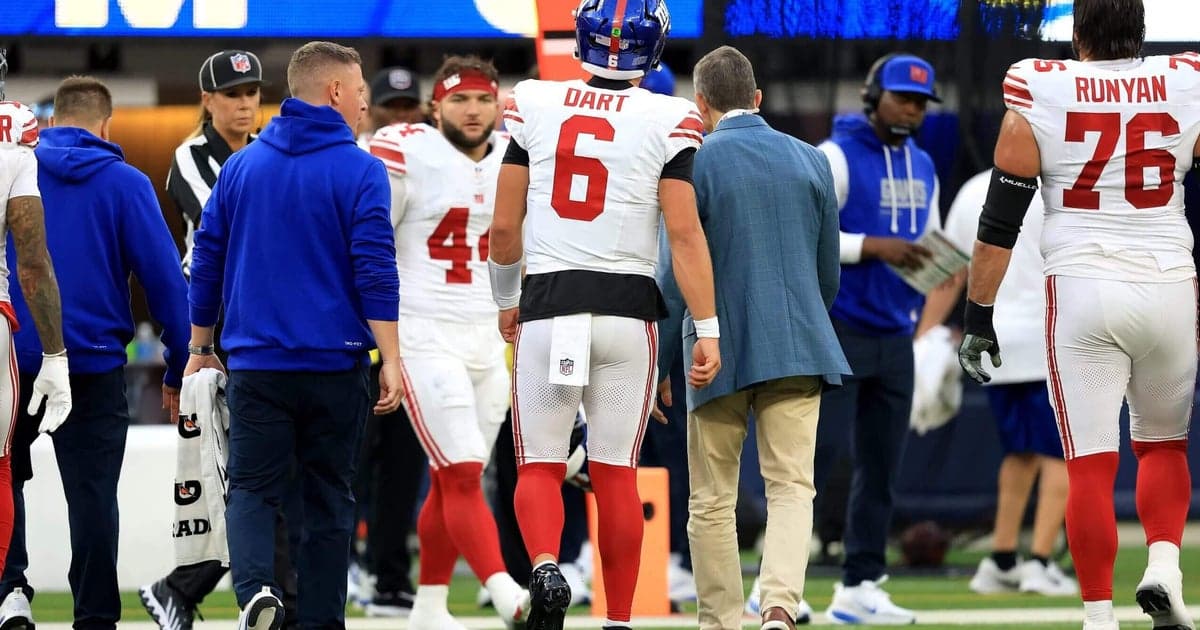 New York Giants quarterback Jaxson Dart avoids season-ending injury after suffering left knee sprain.