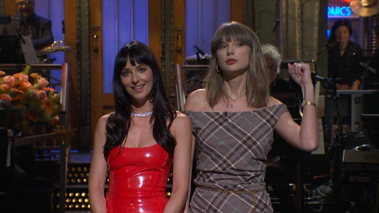 Taylor Swift makes a surprise appearance during Dakota Johnson's Saturday Night Live monologue.
